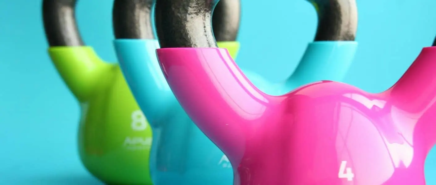 A colourful selection of kettlebells